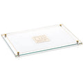 Classic 2.0 Challah Board by Waterdale Collection featuring a rectangular glass tray with brass corner accents and engraved challah design