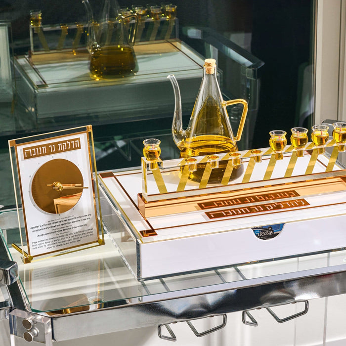 Chanukah brachos card standing with the Classic 2.0 clock, both in Lucite for the menorah table