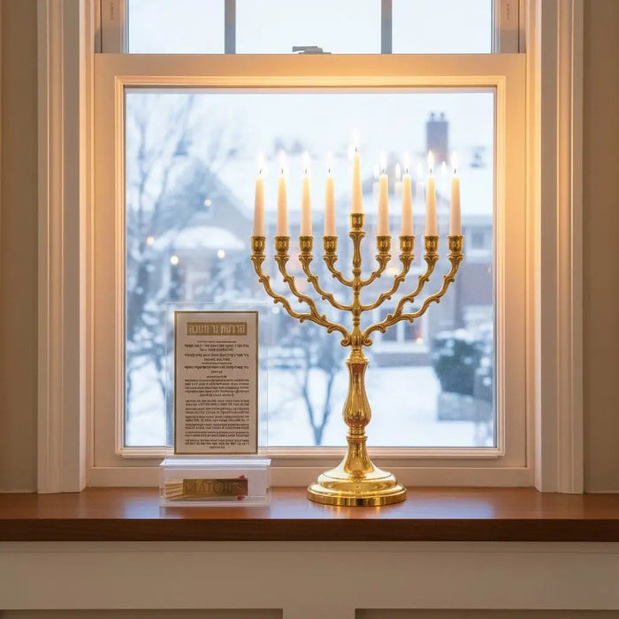 The Classic 2.0 Chanukah brachos card in a window with snow behind it, its Lucite match holder alongside for Hanukkah