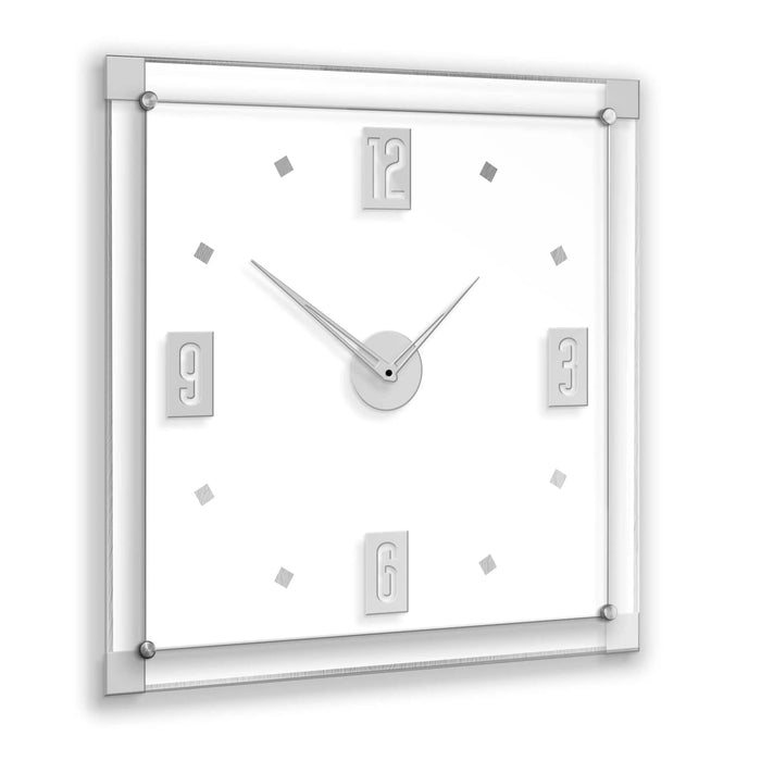 Classic 2.0 white wall clock with square frame and minimalist design, featuring silver hour markers and hands on clean face.
