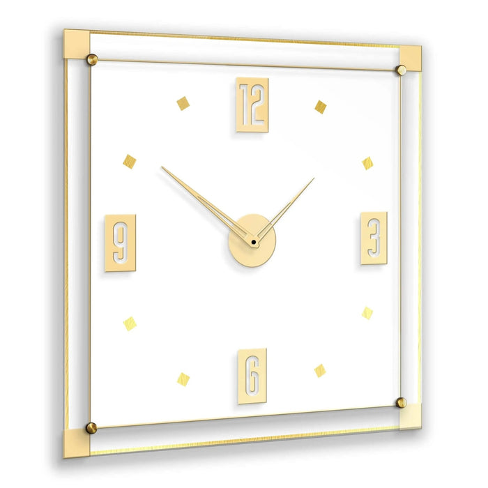 Classic 2.0 wall clock with white face, gold hands, and brass-tone accents, featuring a square wooden frame design for modern home decor.