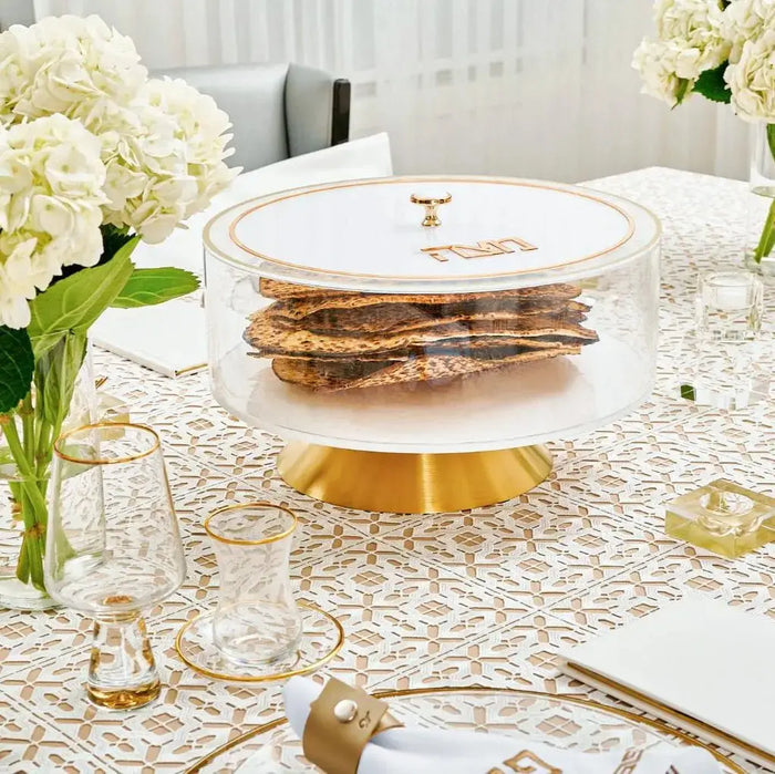 Classic 2.0 Matzah Box in clear lucite displayed on white table with Passover place setting and flowers