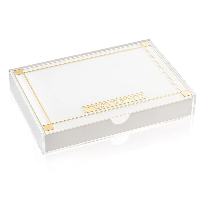 Classic 2.0 Menorah Tray with Drawer from the Waterdale Collection in gold, a Lucite tray with a mirrored border and a pull-out drawer