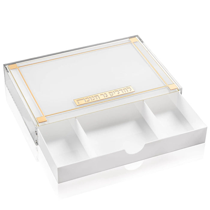 The built-in drawer of the gold Classic 2.0 Menorah Tray, sized for Chanukah candles, wicks and oil cups