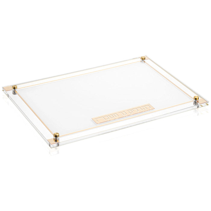 Classic 2.0 Menorah Tray from the Waterdale Collection in gold, a thick Lucite tray with a die-cut mirrored border for Chanukah