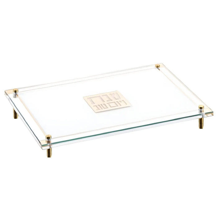 Classic 2.0 Raised Challah Board with glass top and brass corner details on wooden legs, perfect for Shabbat table service.