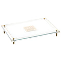 Classic 2.0 Raised Challah Board with glass top and brass corner details on wooden legs, perfect for Shabbat table service.