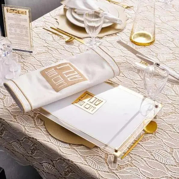 Classic 2.0 Raised Challah Board by Waterdale Collection displayed on a table setting with place settings and wine glass, showing the elegant wooden tray design.