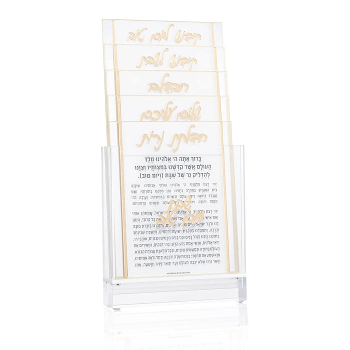 Classic 2.0 Shabbos Card Set in clear lucite with gold Hebrew text and English prayers, elegant religious gift for Shabbat observance.