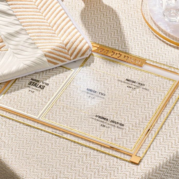 Gold-framed Classic 2.0 Shiurim Card with fill-in lines on cream textured surface, styled with striped napkin and wheat accent