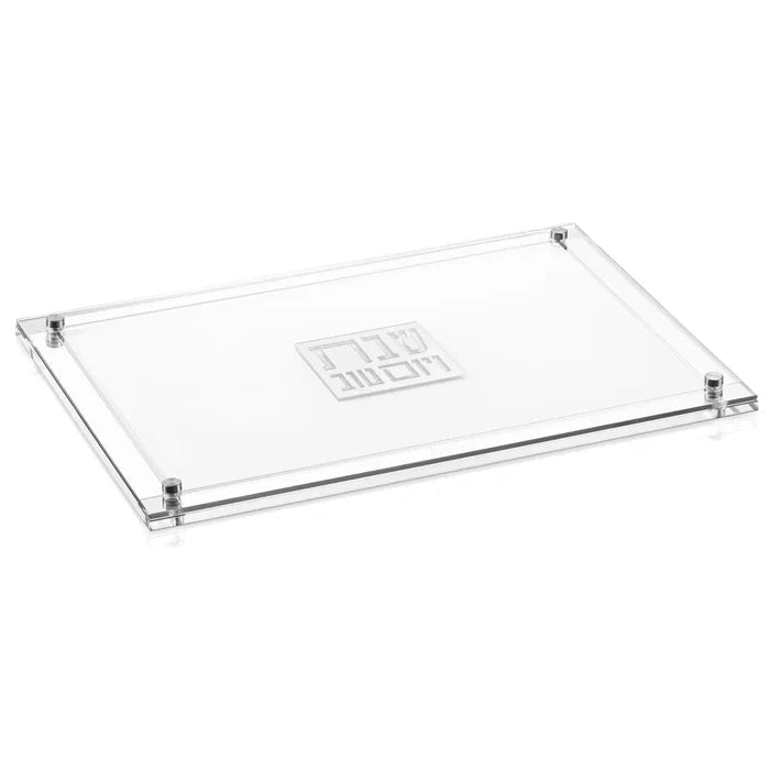 Classic 2.0 Challah Board with glass cover and silver corner brackets, clear acrylic bread board set by Waterdale Collection.