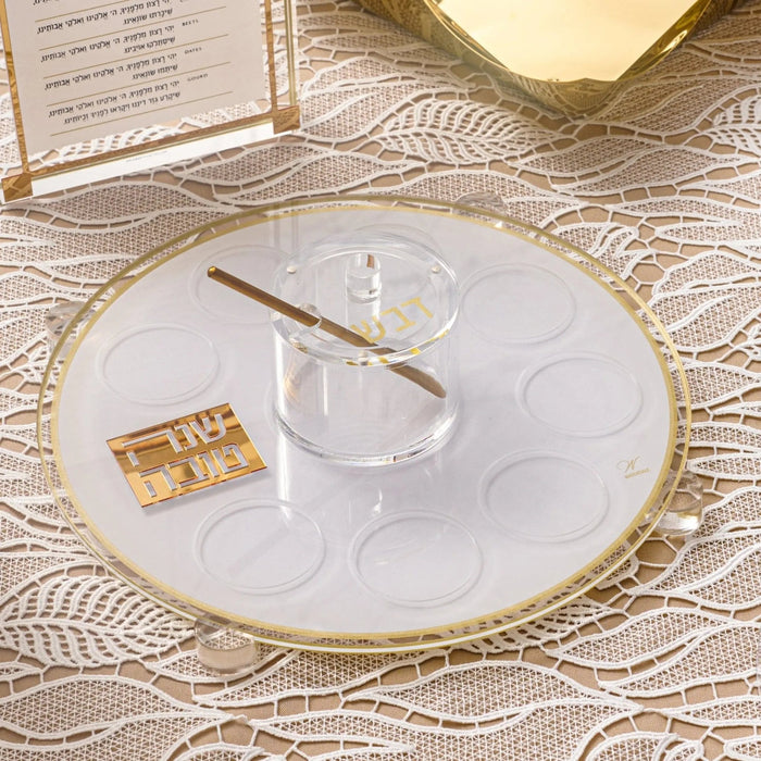 Classic 2.0 clear Lucite simanim (סימנים) tray with a removable glass honey dish