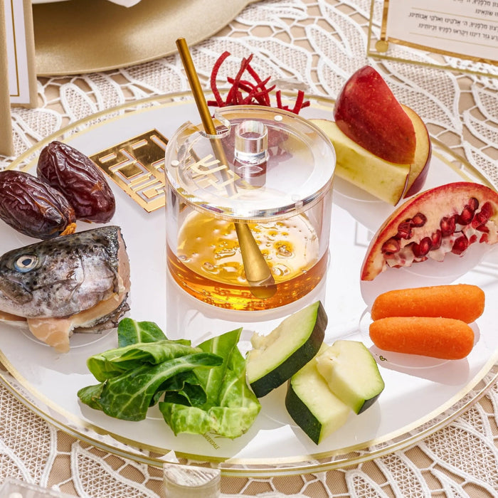 Classic 2.0 simanim tray holding the Rosh Hashana foods with a glass honey dish