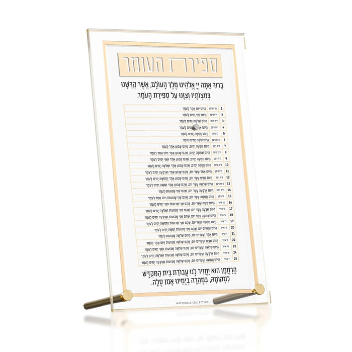 Classic 2.0 Tabletop Sefiras Haomer plaque with gold trim and clear lucite stand, Pesach holiday counting display