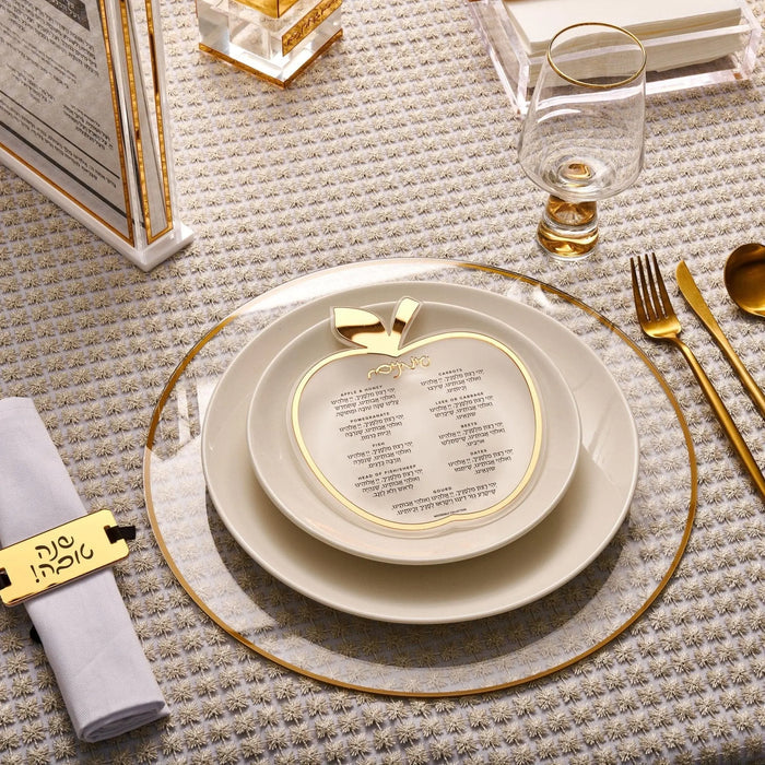 Apple simanim (סימנים) card on a Rosh Hashana place setting
