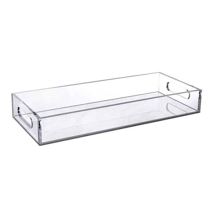 Clear acrylic bread and towel tray with handles, featuring a rectangular design ideal for serveware and bathroom vanity organization.