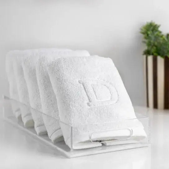 White classic bread towel tray displaying folded linens, ideal for Shabbat table serveware and bathroom vanity organization.