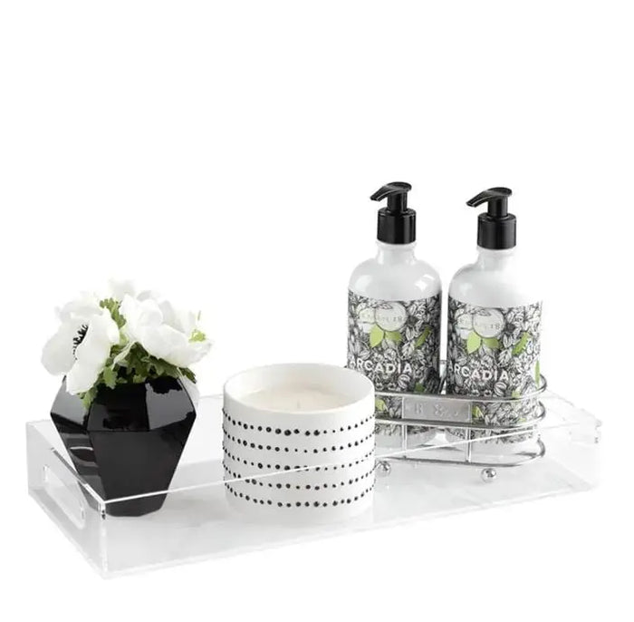 Classic glitter bread tray in white marble with matching bathroom vanity accessories and potted plant on display.