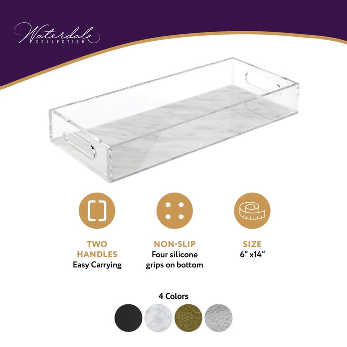 Clear acrylic bread and towel tray with four color options and easy-grip handles, ideal for Shabbat serveware and bathroom vanity organization.