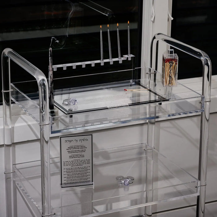 Clear Lucite Chanukah brachos card by Waterdale Collection, available in nusach Ashkenaz/Sefard and Edut Mizrach