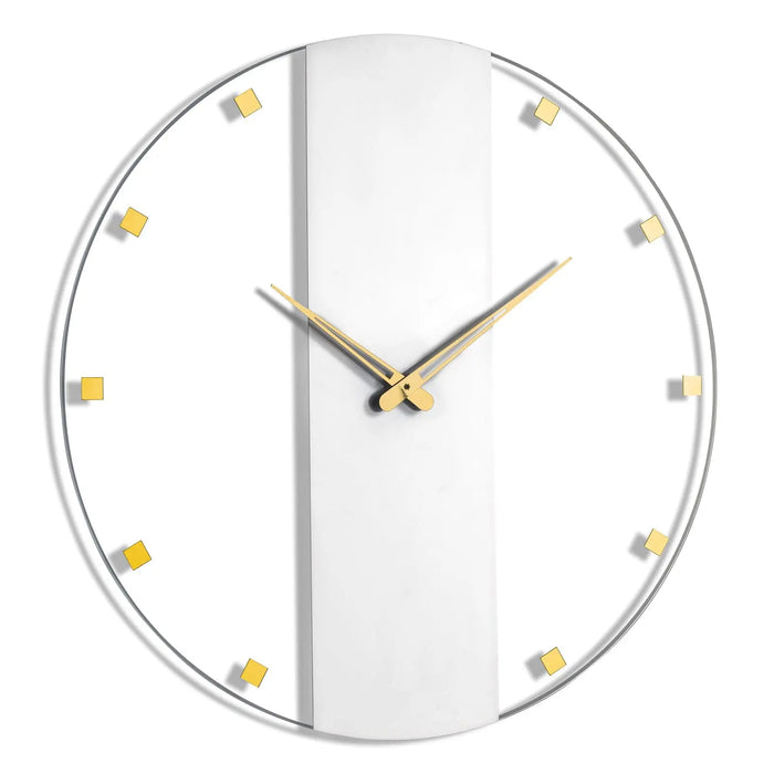Classic wall clock with white face, gold hour markers, and metal hands against a minimalist design perfect for modern home decor.