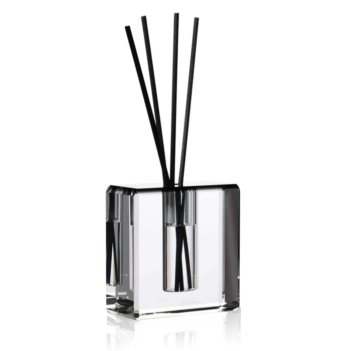 Classic Crystal Diffuser with square clear glass base and four black reed sticks by Waterdale Collection
