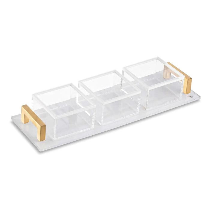 Clear acrylic dip bowl set with three compartments and gold handles, perfect for serving condiments and appetizers at gatherings.