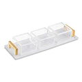 Clear acrylic dip bowl set with three compartments and gold handles, perfect for serving condiments and appetizers at gatherings.