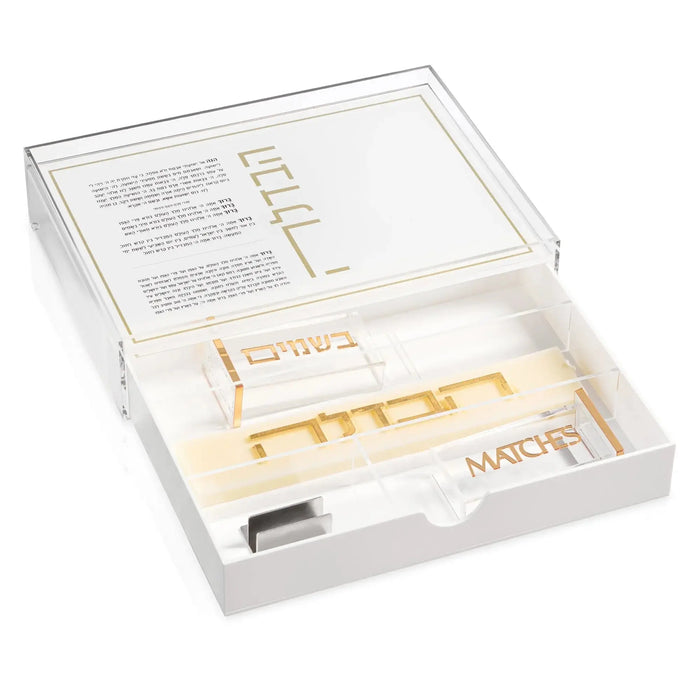 White Classic Havdalah Tray with drawer open displaying wooden spice holder, candle, and instruction materials for Shabbat ritual.