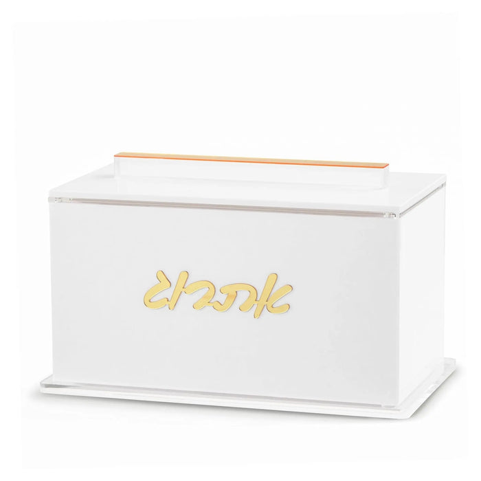 Classic white Lucite esrog box from Waterdale Collection with gold mirrored lettering and handle, for storing the esrog on Sukkot.
