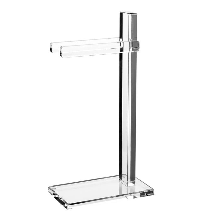 Classic Finger Towel Stand with clear acrylic base and chrome pole, modern vanity towel holder for bathrooms and kitchens.