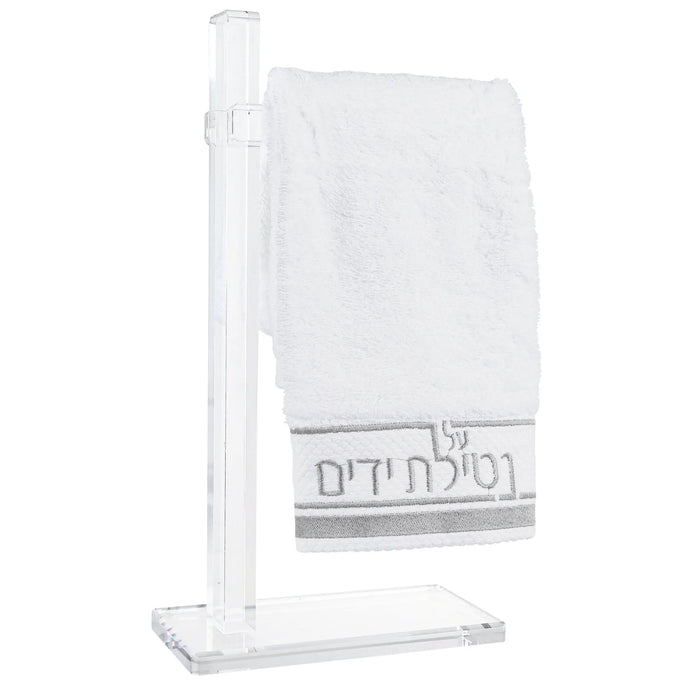 Classic Finger Towel Stand by Waterdale Collection displaying a white towel with decorative trim on clear acrylic base.