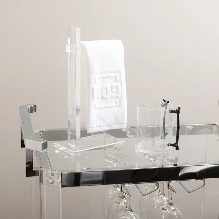 Clear acrylic finger towel stand by Waterdale Collection displaying white towels, featuring a modern minimalist design perfect for bathroom vanities and countertops.
