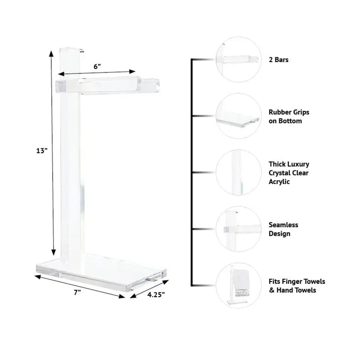Classic Finger Towel Stand by Waterdale Collection in clear acrylic with dimensions and feature callouts shown for bathroom vanity or guest towel storage.