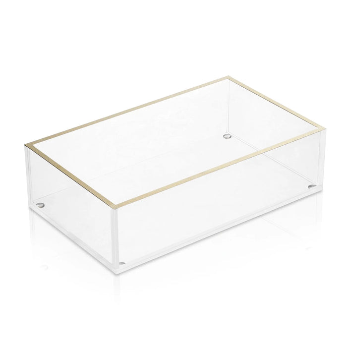 Clear acrylic guest towel holder with brushed gold trim and handles, modern rectangular design for bathroom or vanity display