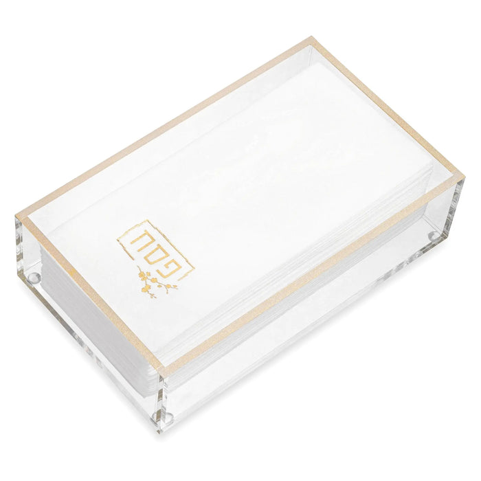 Clear acrylic guest towel holder with white napkins and gold Waterdale Collection logo, tabletop design for bathroom or vanity storage.