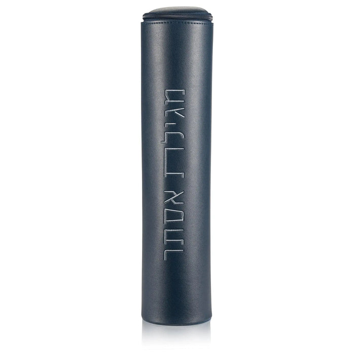 Classic Leather Megillah Case in deep blue, cylindrical design with embossed text, perfect for storing and protecting your Purim megillah scroll.