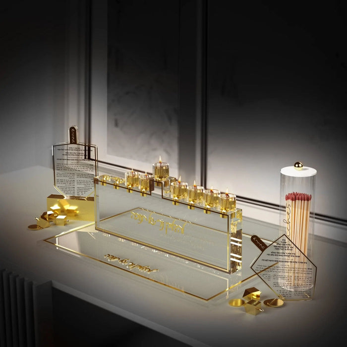 Classic Luxe Dreidel Sculpture in clear Lucite with a block base, a Hanukkah tabletop piece by Waterdale Collection