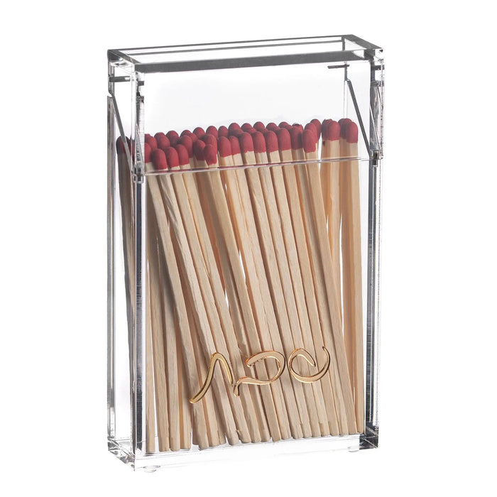 Classic acrylic match holder with wooden matches featuring red tips, ideal for Shabbat candle lighting and home table décor.