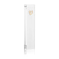 Classic Waterdale mezuzah case in clear acrylic with gold accent detail, displayed vertically against white background.
