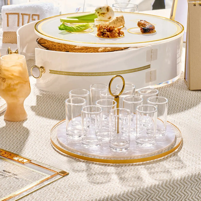 Classic Pearlstone Liquor Set with tiered marble design, featuring glasses and serving pieces in cream and gold tones for Shabbat and holiday entertaining.