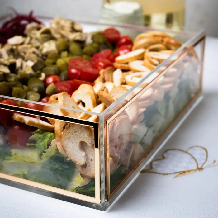 Classic Salad Bowl filled with colorful mixed salad ingredients, gold-glitter trim, clear acrylic serveware for entertaining and holiday gatherings.