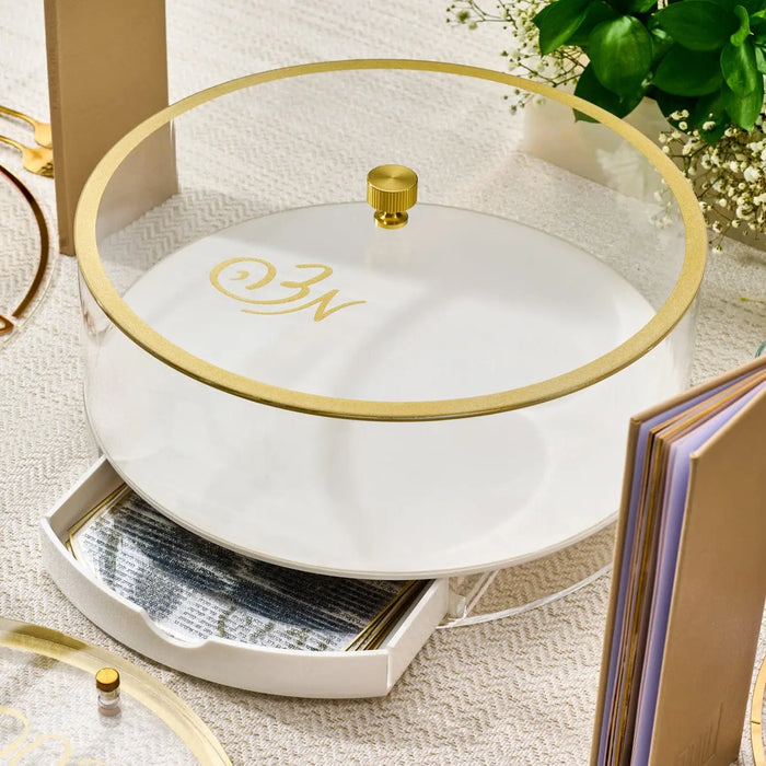 White lucite matzah box with gold Script design and matching lid by Waterdale Collection for Passover.