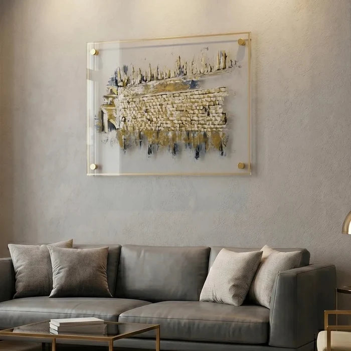 Floating lucite Western Wall kosel Jerusalem painting with gold accents.
