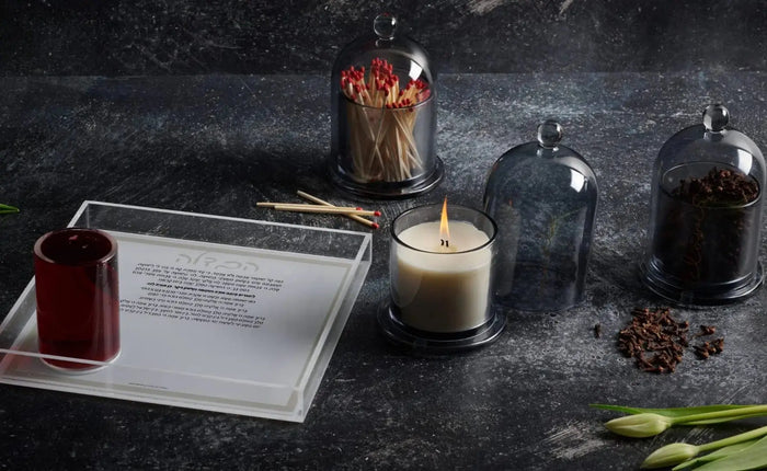 Cloche Havdalah Set by Waterdale Collection featuring brass candlestick, spice box, and wine cup on dark surface with greenery