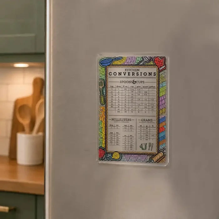 Color It Acrylic Kitchen Conversions Magnet displayed on a kitchen wall, featuring colorful borders and measurement conversion charts for cooking reference.