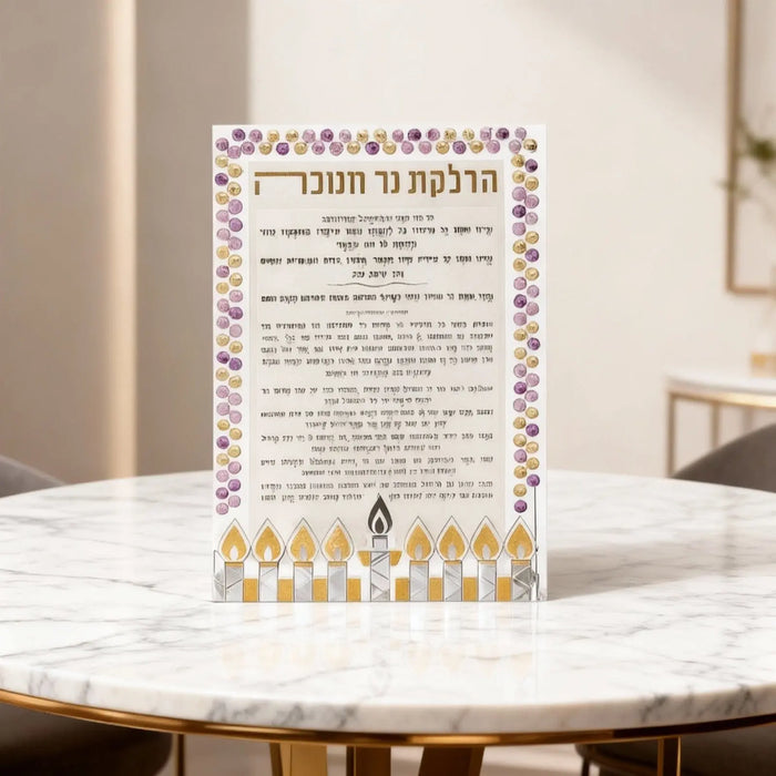 A finished Chanukah mosaic tabletop in Lucite, the rhinestone border and menorah design completed, standing for Hanukkah