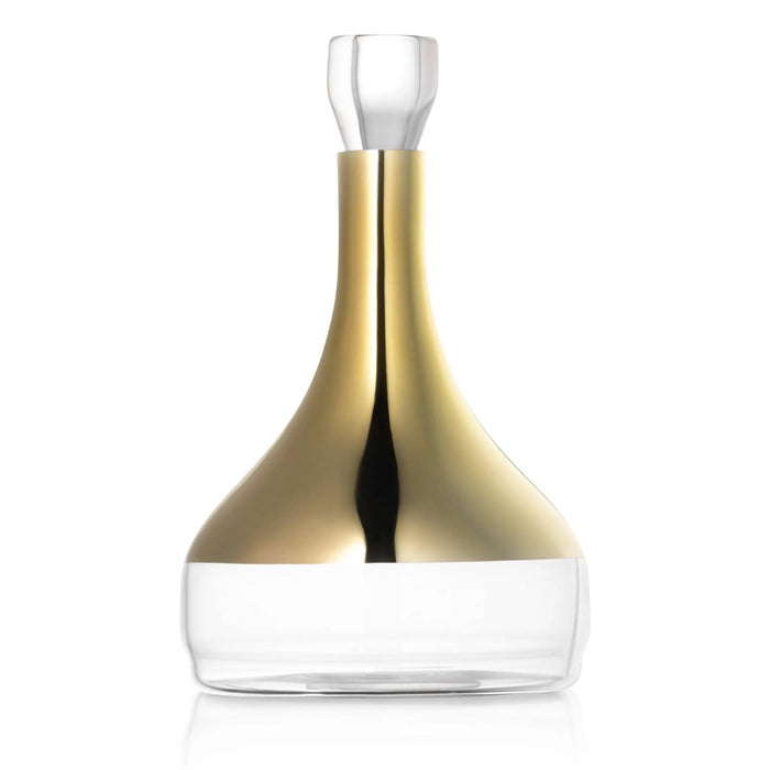 Contemporary white wine decanter with gold accents and stopper, featuring a modern geometric silhouette design