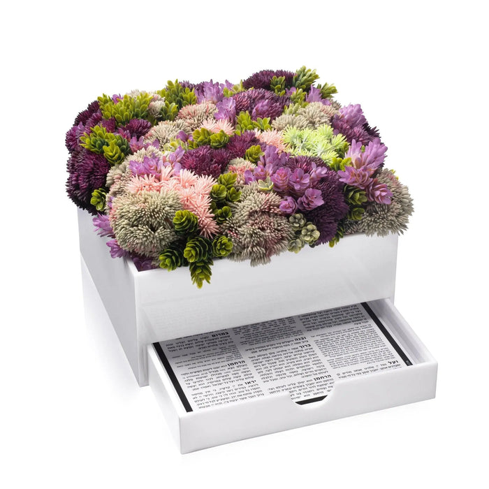 White vase bencher set with pink and purple mums, ideal for corporate gifting and table displays.