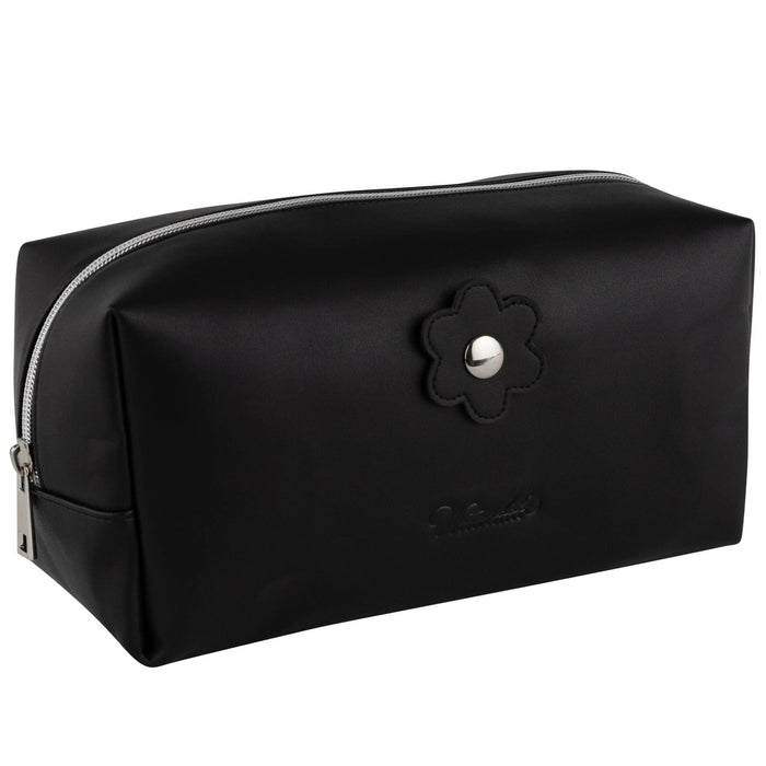 Black leather cosmetic bag by Waterdale Collection with top handle and snap closure, displayed against white background.